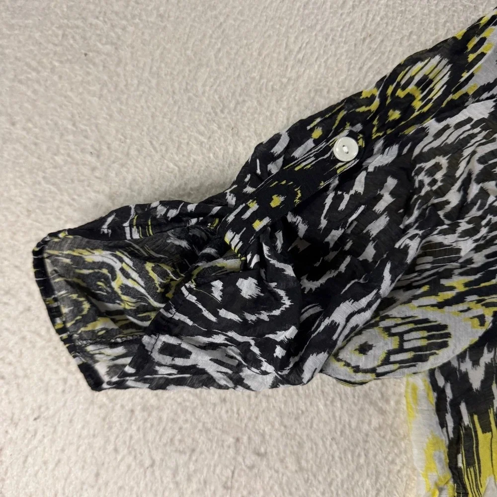 Ruby Rd Petite Button Up Top Womens PXL Black Yellow Ikat Print Exc Short Slv